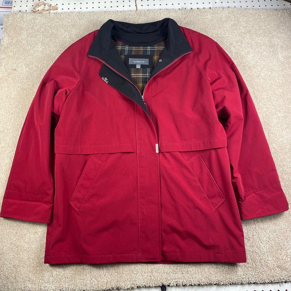 Liz Claiborne Red Plaid Lined Zip Up Jacket Womens XL Wool Blend RN 94468